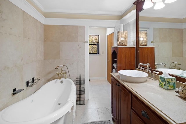 8840 Sand Pine Dr, Navarre, FL 32566 - full bathroom with a freestanding tub, crown molding, and tile walls