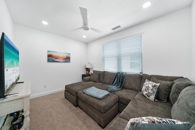 living area with recessed lighting, ceiling fan, visible vents, baseboards, and carpet floors