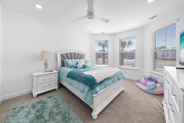 bedroom featuring visible vents, baseboards, recessed lighting, and carpet floors