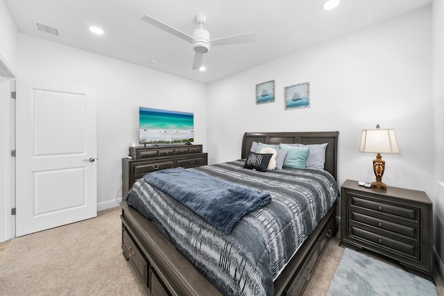 bedroom featuring recessed lighting, visible vents, ceiling fan, and light carpet