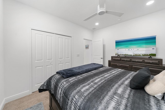 bedroom featuring recessed lighting, a closet, a ceiling fan, baseboards, and carpet floors