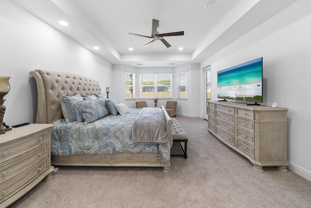bedroom featuring baseboards, recessed lighting, light carpet, and ceiling fan