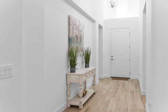 interior space with baseboards and light wood finished floors
