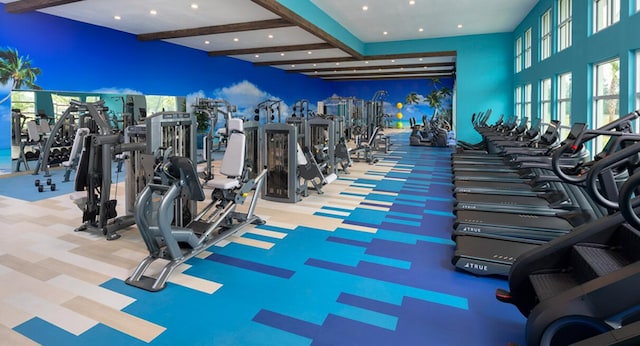 gym with recessed lighting and carpet