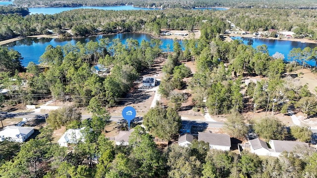 birds eye view of property with a water view and a view of trees