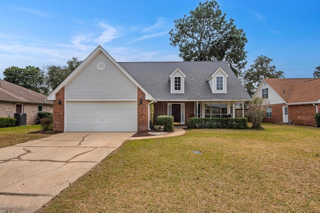 cape cod house featuring a garage, brick siding, concrete driveway, roof with shingles, and a front lawn