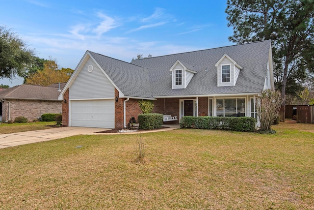 view of front of home featuring brick siding, a shingled roof, an attached garage, driveway, and a front lawn