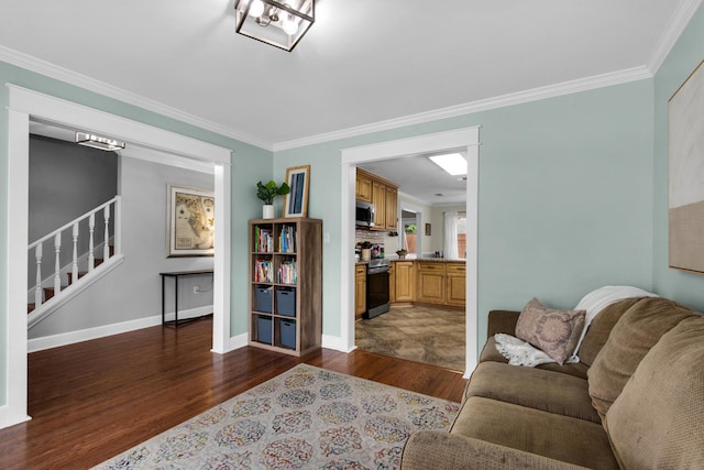 living area with dark wood-style flooring, stairway, and crown molding