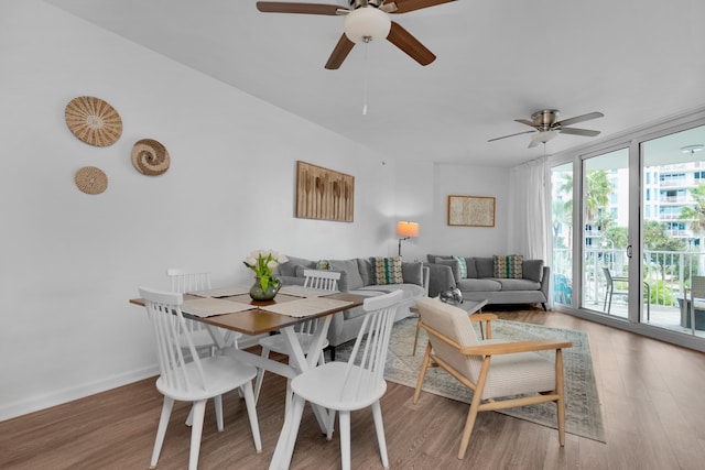 dining room featuring a ceiling fan, baseboards, a wall of windows, and wood finished floors