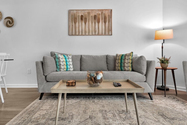 living room featuring wood finished floors and baseboards