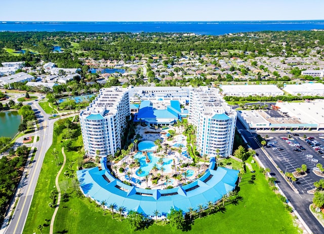 aerial view featuring a water view and a view of city