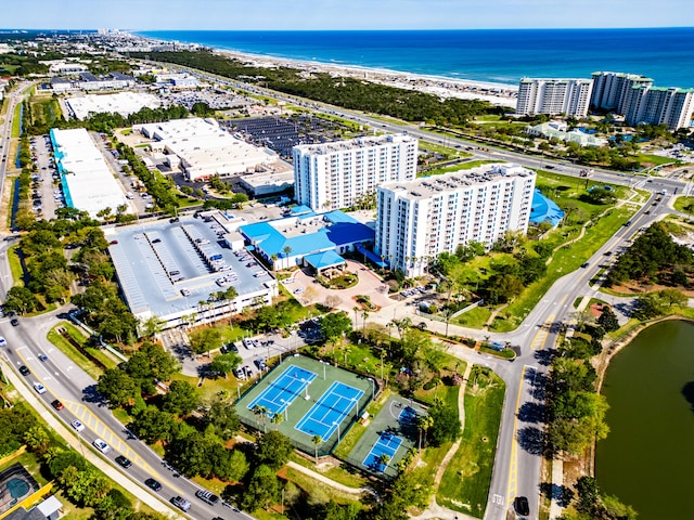 aerial view with a water view, a beach view, and a city view