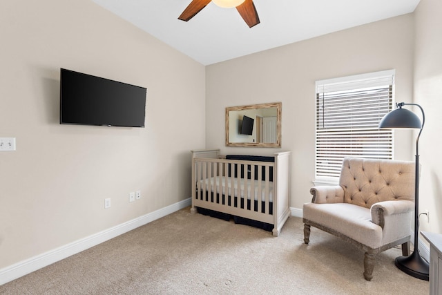 bedroom featuring ceiling fan, carpet flooring, and baseboards