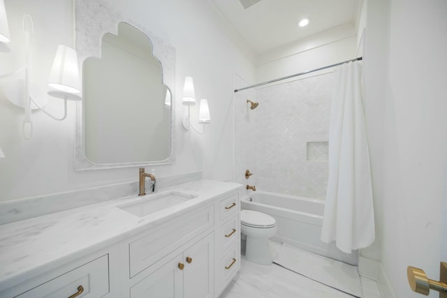 full bath featuring vanity, toilet, and shower / bath combo with shower curtain