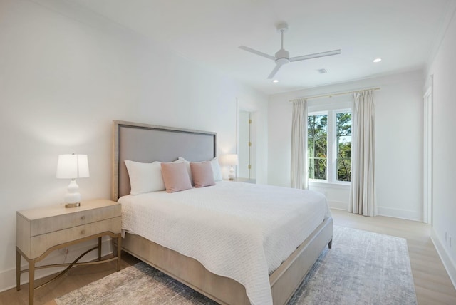 bedroom with visible vents, baseboards, light wood-style flooring, ceiling fan, and recessed lighting