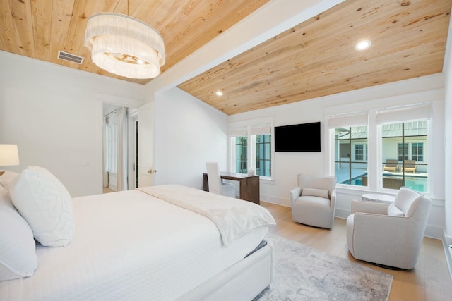 bedroom with wooden ceiling, multiple windows, visible vents, and wood finished floors