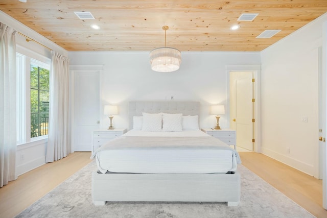 bedroom with wooden ceiling, light wood-style flooring, recessed lighting, visible vents, and baseboards