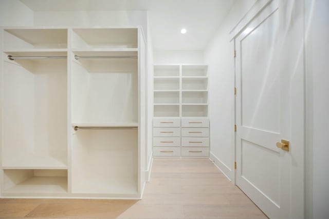 walk in closet with light wood-type flooring