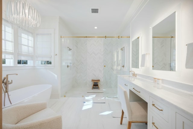 full bathroom featuring a soaking tub, visible vents, and a walk in shower