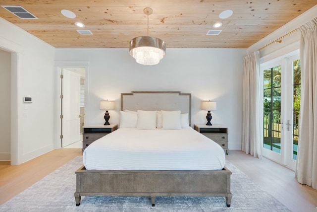 bedroom with access to exterior, wood ceiling, visible vents, and wood finished floors