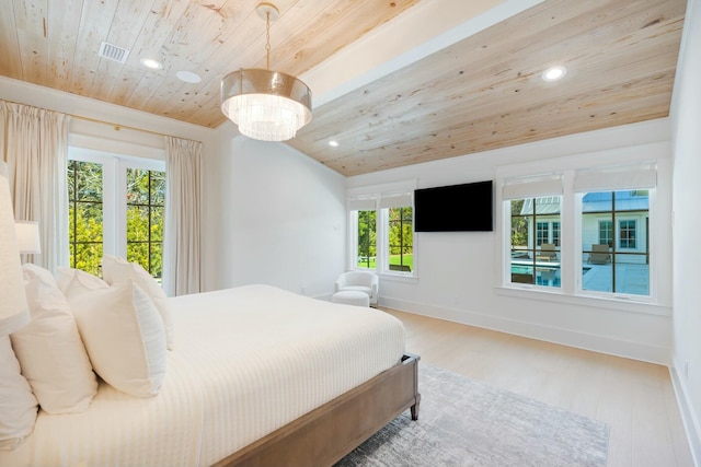 bedroom with baseboards, wooden ceiling, wood finished floors, and recessed lighting