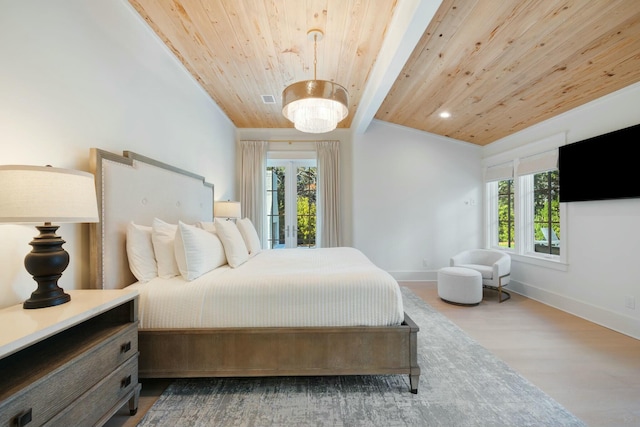 bedroom with wood ceiling, multiple windows, baseboards, and wood finished floors