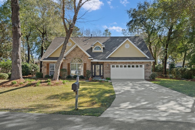 view of front facade with a garage, concrete driveway, a front lawn, and brick siding