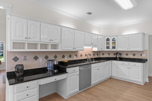 kitchen with crown molding, light wood-type flooring, stainless steel dishwasher, open shelves, and a sink