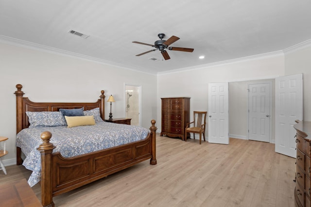 bedroom with baseboards, visible vents, ceiling fan, crown molding, and light wood-type flooring