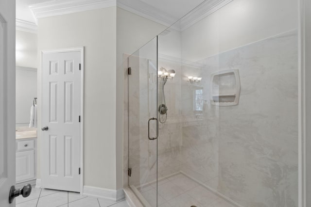 bathroom featuring tile patterned flooring, crown molding, and a shower stall