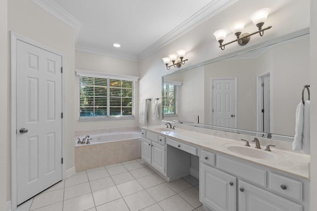 bathroom with ornamental molding, tile patterned flooring, a sink, and a bath