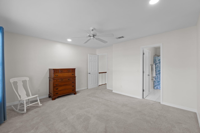 interior space with ceiling fan, recessed lighting, visible vents, and baseboards