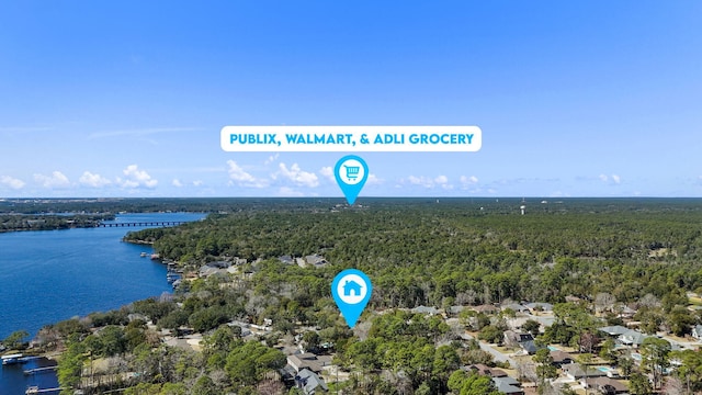 birds eye view of property featuring a water view and a view of trees