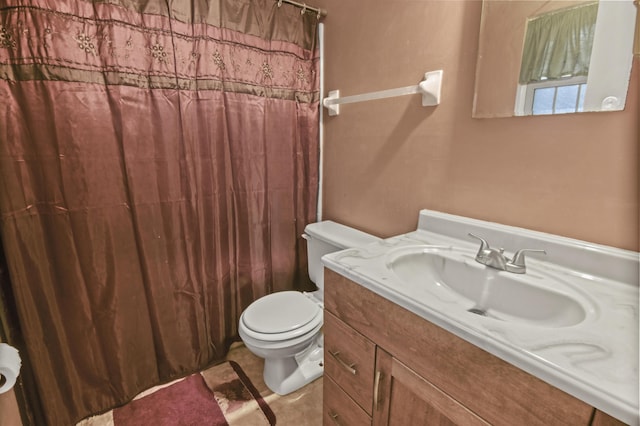 full bath with tile patterned floors, vanity, toilet, and a shower with curtain