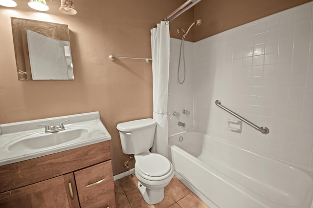 full bath featuring tile patterned flooring, shower / bathtub combination with curtain, toilet, and vanity