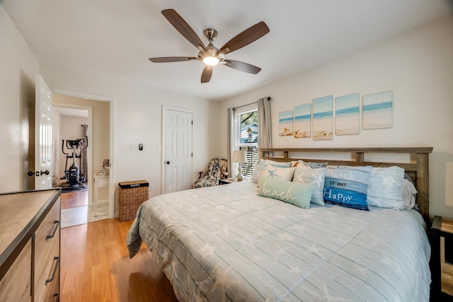 bedroom featuring a ceiling fan and light wood-style flooring