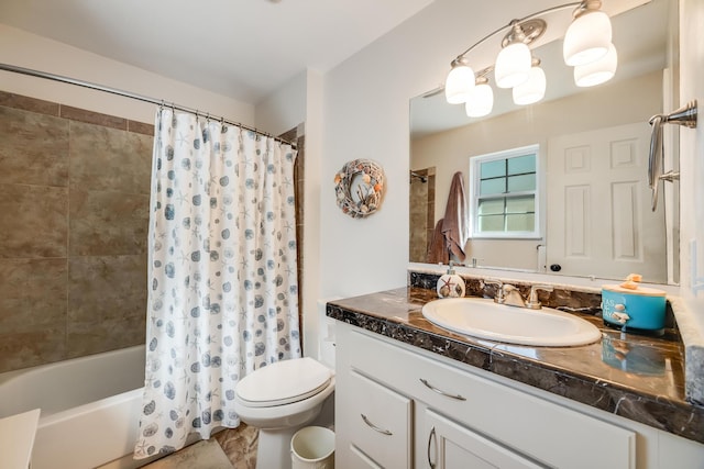 bathroom featuring toilet, shower / tub combo, and vanity