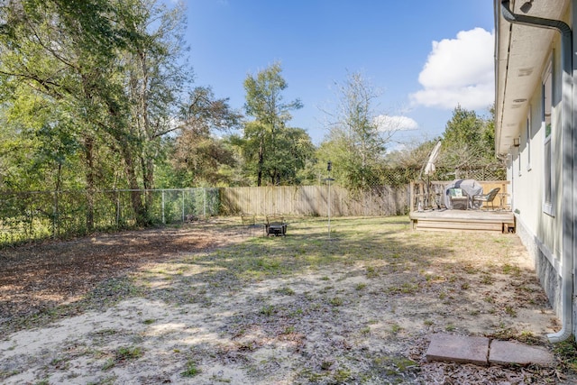 view of yard featuring a fenced backyard and a wooden deck