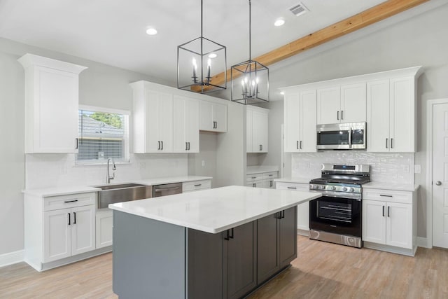 kitchen featuring white cabinetry, visible vents, stainless steel appliances, and a sink