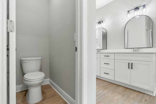 bathroom with double vanity, baseboards, toilet, wood finished floors, and a sink