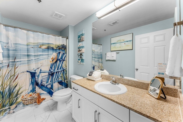 bathroom with toilet, marble finish floor, visible vents, and vanity