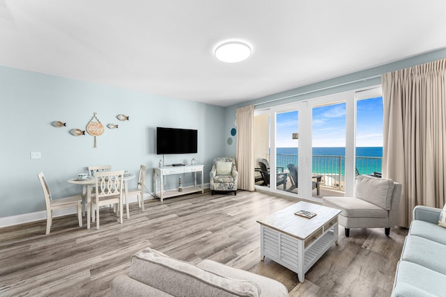 living area with baseboards and wood finished floors