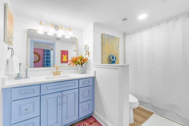 bathroom featuring toilet, vanity, and a shower with curtain