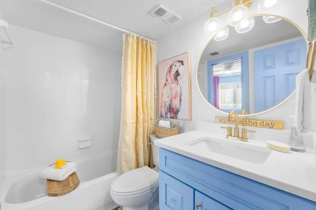 bathroom with toilet, shower / bath combo, visible vents, and vanity