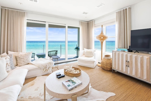 carpeted living area featuring a healthy amount of sunlight and visible vents