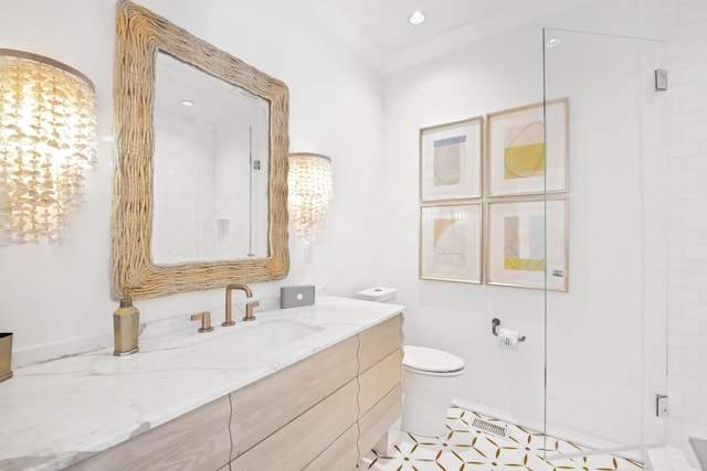 full bathroom with recessed lighting, a shower stall, toilet, and vanity