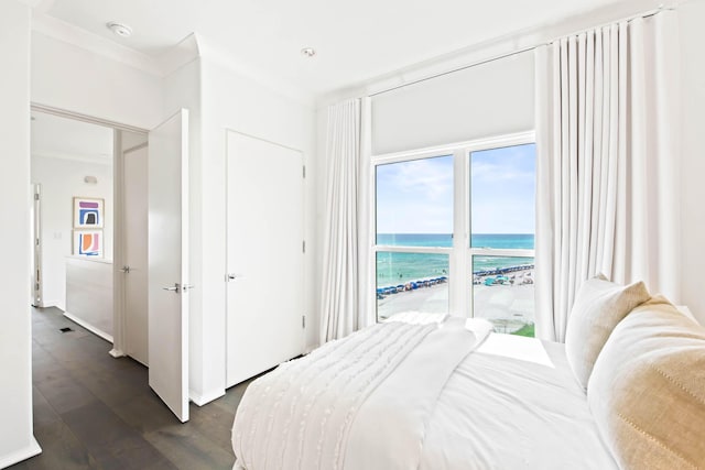 bedroom featuring a water view, dark wood-style floors, and a beach view