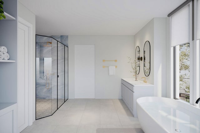 bathroom featuring vanity, a shower stall, a freestanding tub, and a healthy amount of sunlight