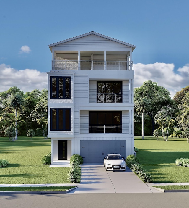 view of front facade with a balcony, concrete driveway, and a front yard