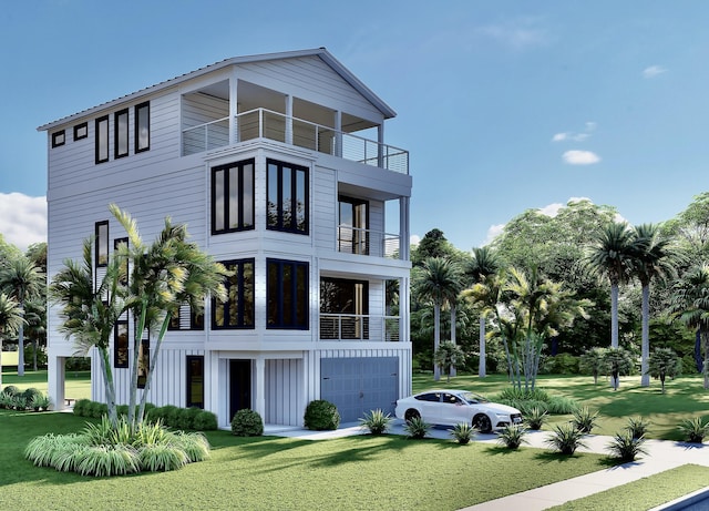 view of front of home featuring a balcony, board and batten siding, and a front lawn